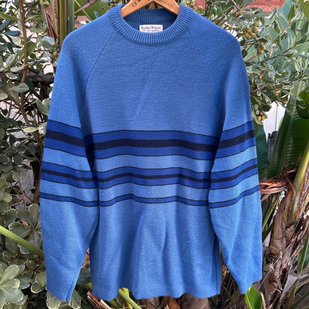 Vintage 70s Jonathan Richards Blue Stripe Wool Sweater Crewneck XL